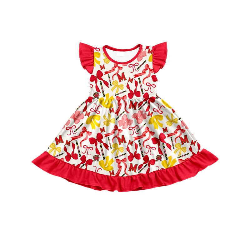 MOQ 3 pcs flutter sleeves M red bows girls team dress