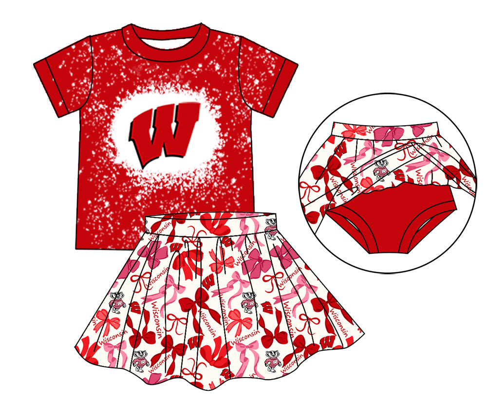 MOQ 3 pcs red W bleached top bow skirt girls team outfits