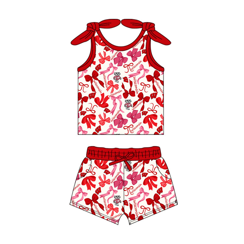 MOQ 3 pcs sleeveless W red bow top shorts girls team clothes