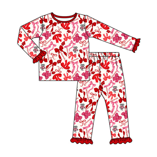 MOQ 3 Long sleeves W red yellow bow kids girls team pajamas