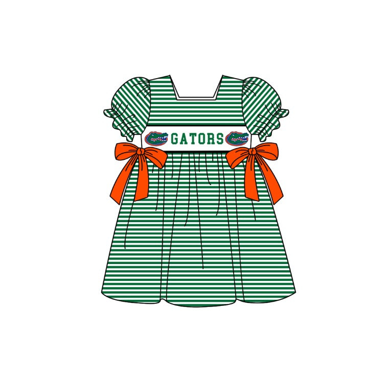 MOQ 5 pcs Short sleeves green stripe crocodile girls team dresses