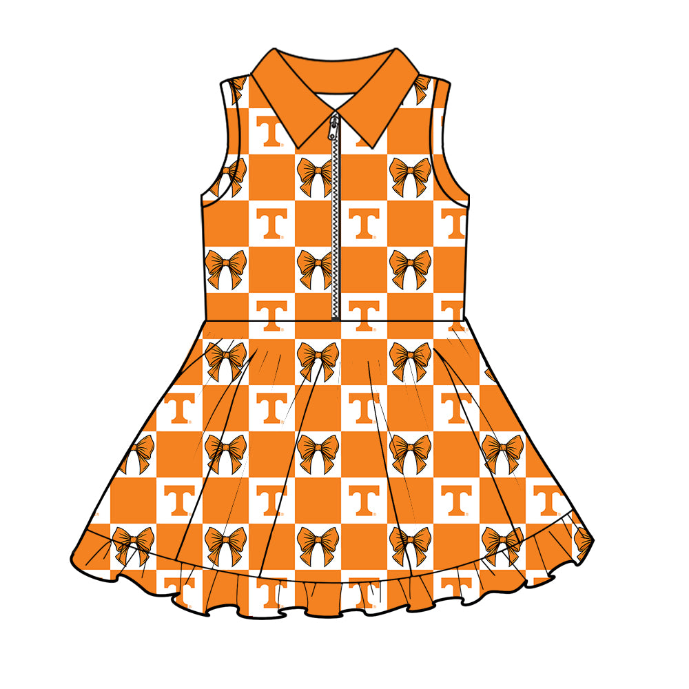 MOQ 5 pcs sleeveless plaid bow T girls team athletic polo dress