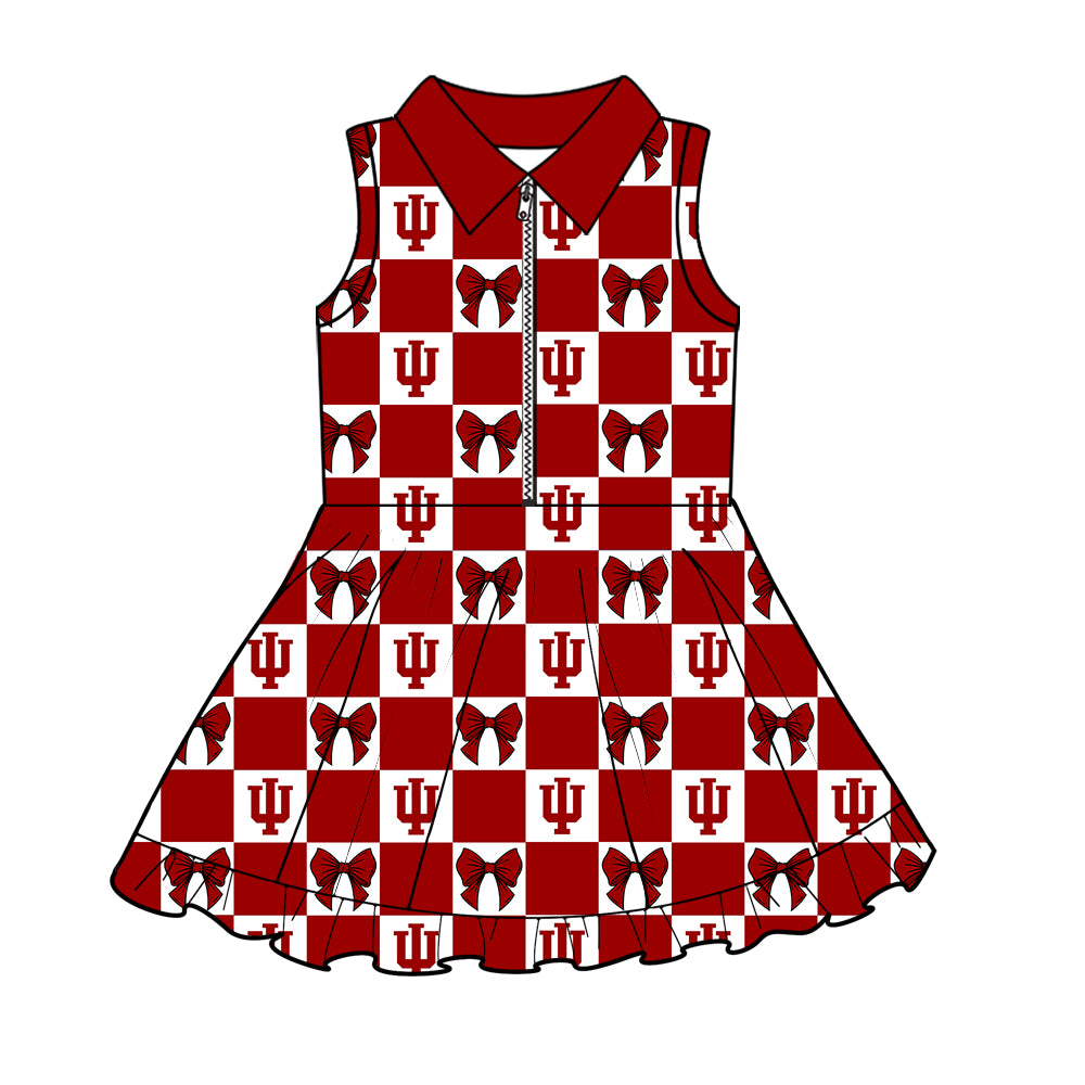 MOQ 5 pcs sleeveless plaid bow I U girls team athletic polo dress