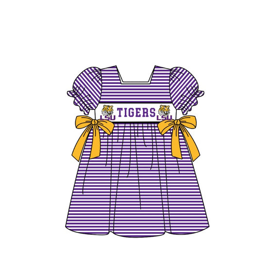 MOQ 5 pcs Short sleeves purple stripe yellow bow LSU girls team dresses