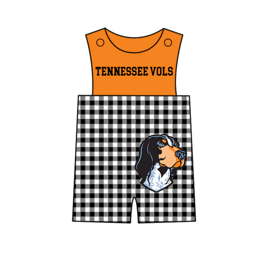 MOQ 5 pcs orange sleeveless dog print black plaids baby boys team romper
