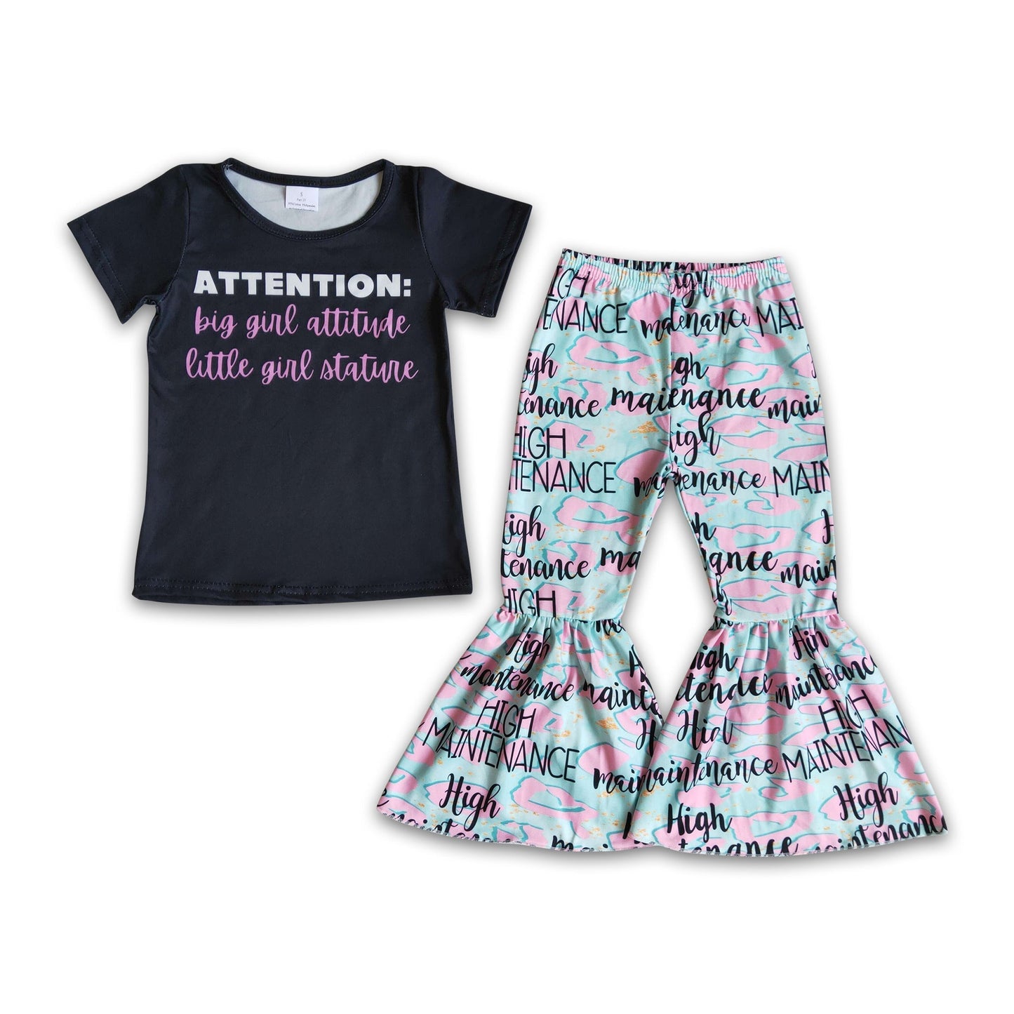 Attention letters black shirt bell bottom pants girls clothing set