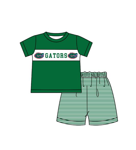 MOQ 5 pcs green short sleeves crocodile top stripe shorts boys team outfit