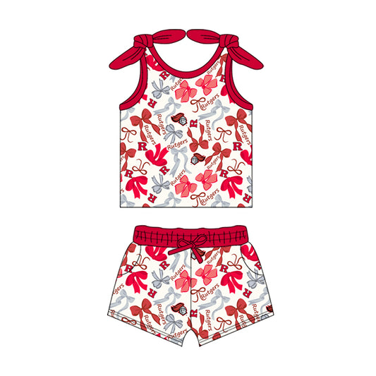 MOQ 3 pcs sleeveless R red bow top shorts girls team clothes