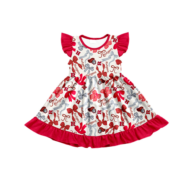 MOQ 3 pcs flutter sleeves R red bows girls team dress
