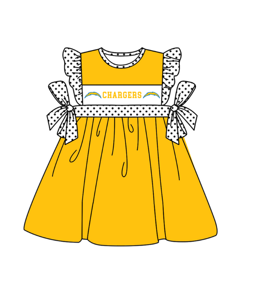 MOQ 5 pcs yellow flying sleeves white polka dots bow C girls team dresses