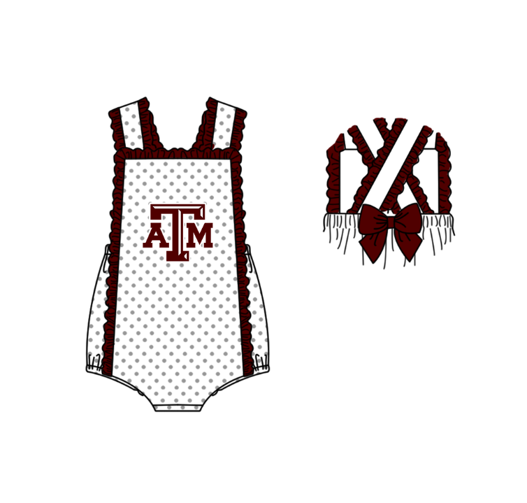 MOQ 5 pcs white polka dots sleeveless brown bow ATM baby girls team romper