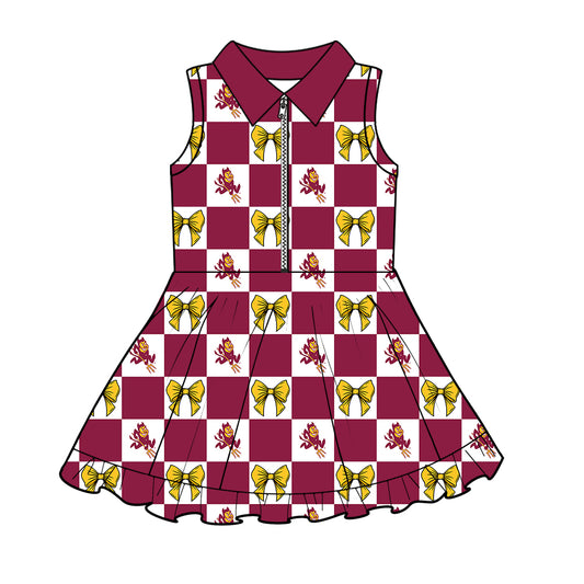 MOQ 5 pcs sleeveless yellow plaid bow maroon girls team athletic polo dress