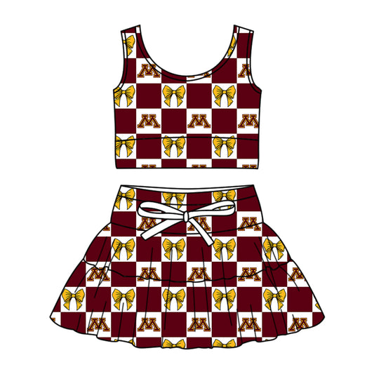 MOQ 5 pcs sleeveless maroon M bow plaid top skirts girls team active outfits