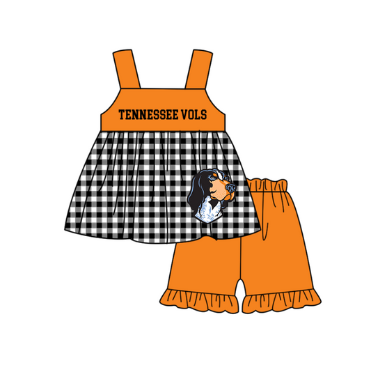 MOQ 5 pcs black plaids sleeveless dog print tunic orange ruffle shorts girls team outfit