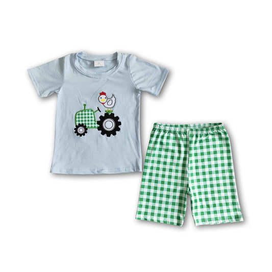 Chicken truck embroidery plaid shorts farm boy clothing