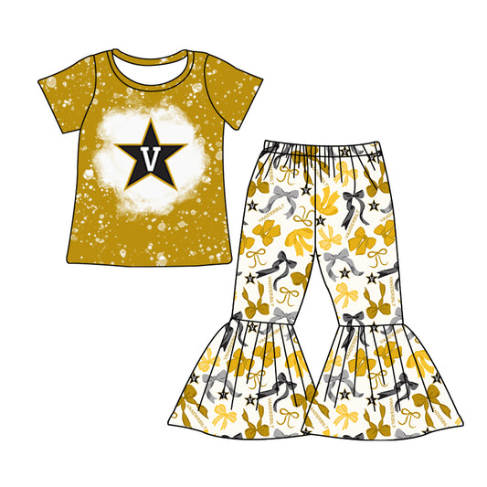 MOQ 3 pcs bleached V top bow pants girls team clothes