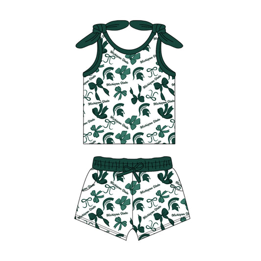 MOQ 3 pcs sleeveless M green bow top shorts girls team clothes