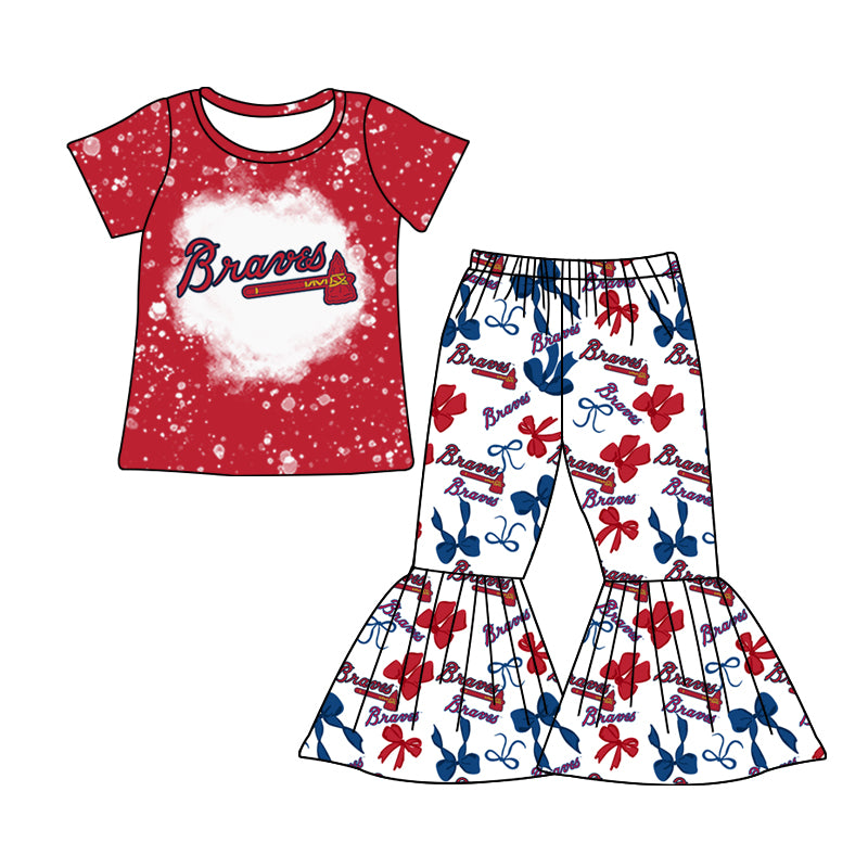 MOQ 3 pcs bleached B red top bow pants girls team clothes