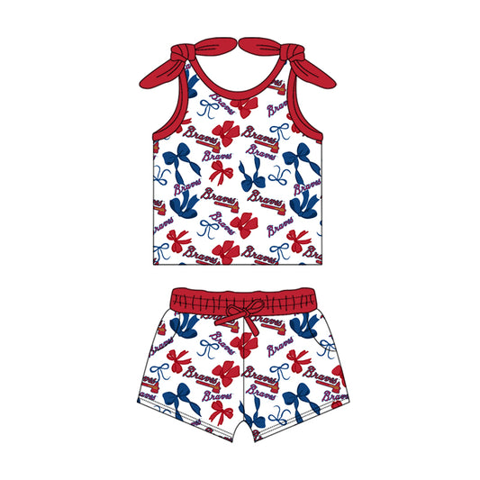 MOQ 3 pcs sleeveless B red blue bow top shorts girls team clothes