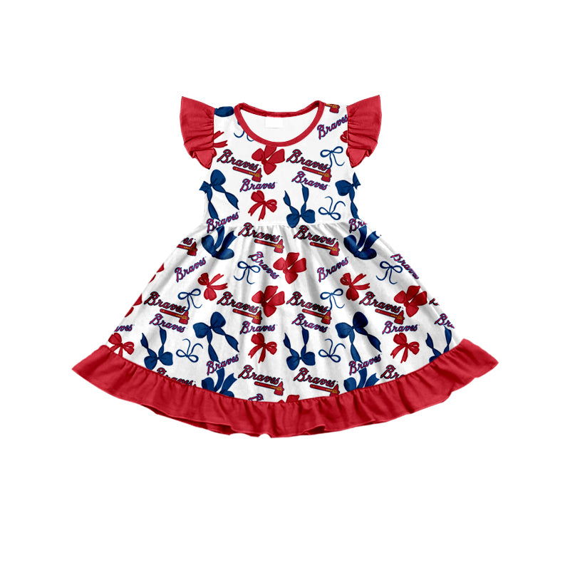 MOQ 3 pcs flutter sleeves B red blue bows girls team dress