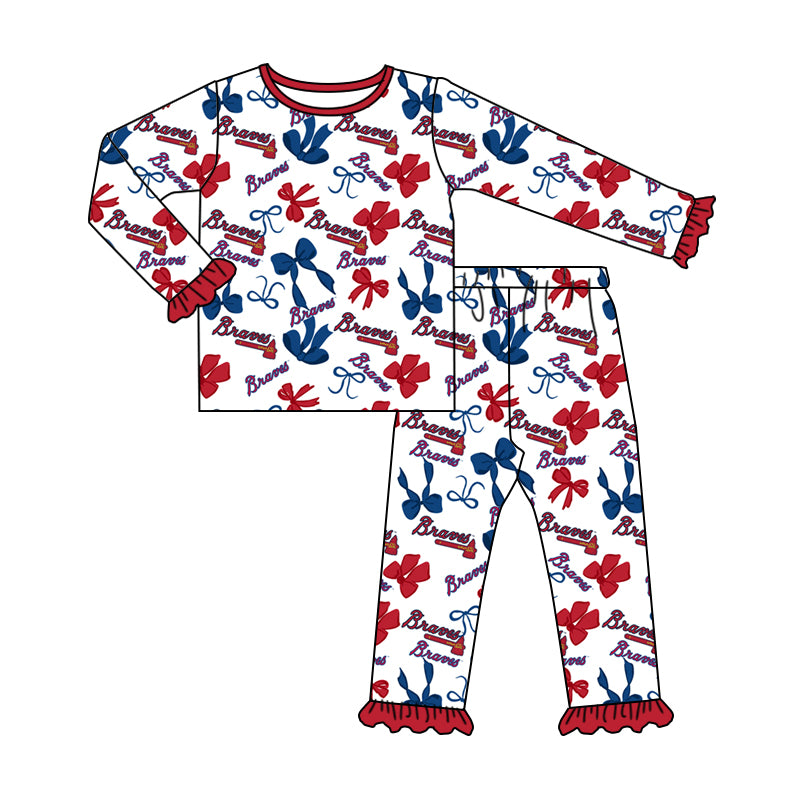 MOQ 3 Long sleeves B blue red bow kids girls team pajamas