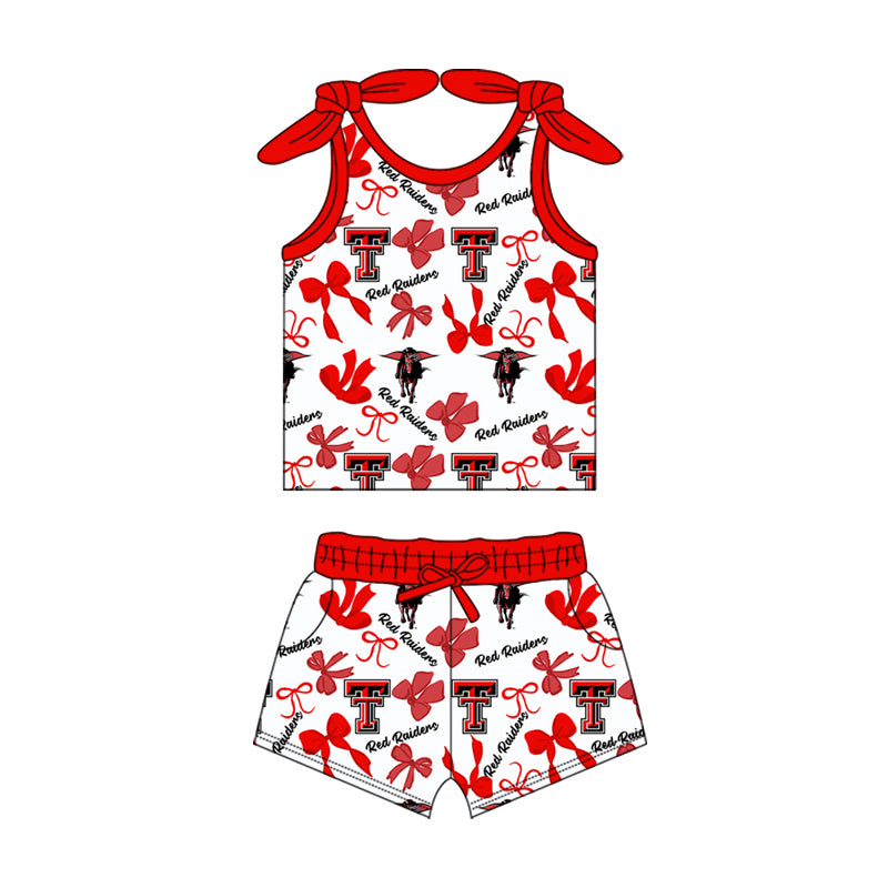 MOQ 3 pcs sleeveless T red bow top shorts girls team clothes