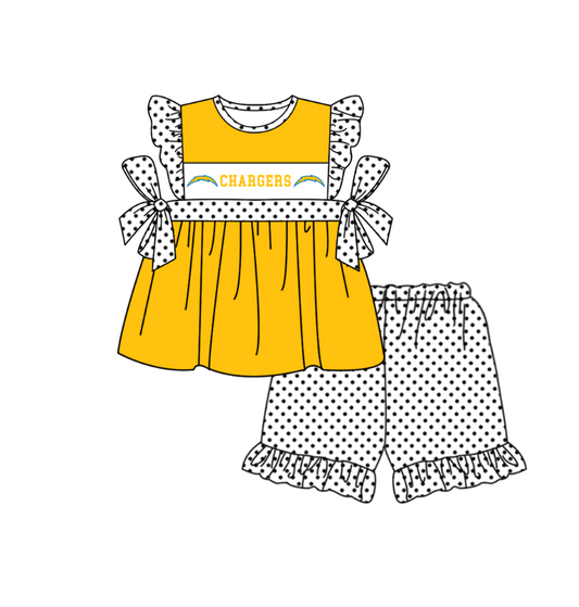 MOQ 5 pcs yellow bow C tunic white polka dots ruffle shorts girls team outfit