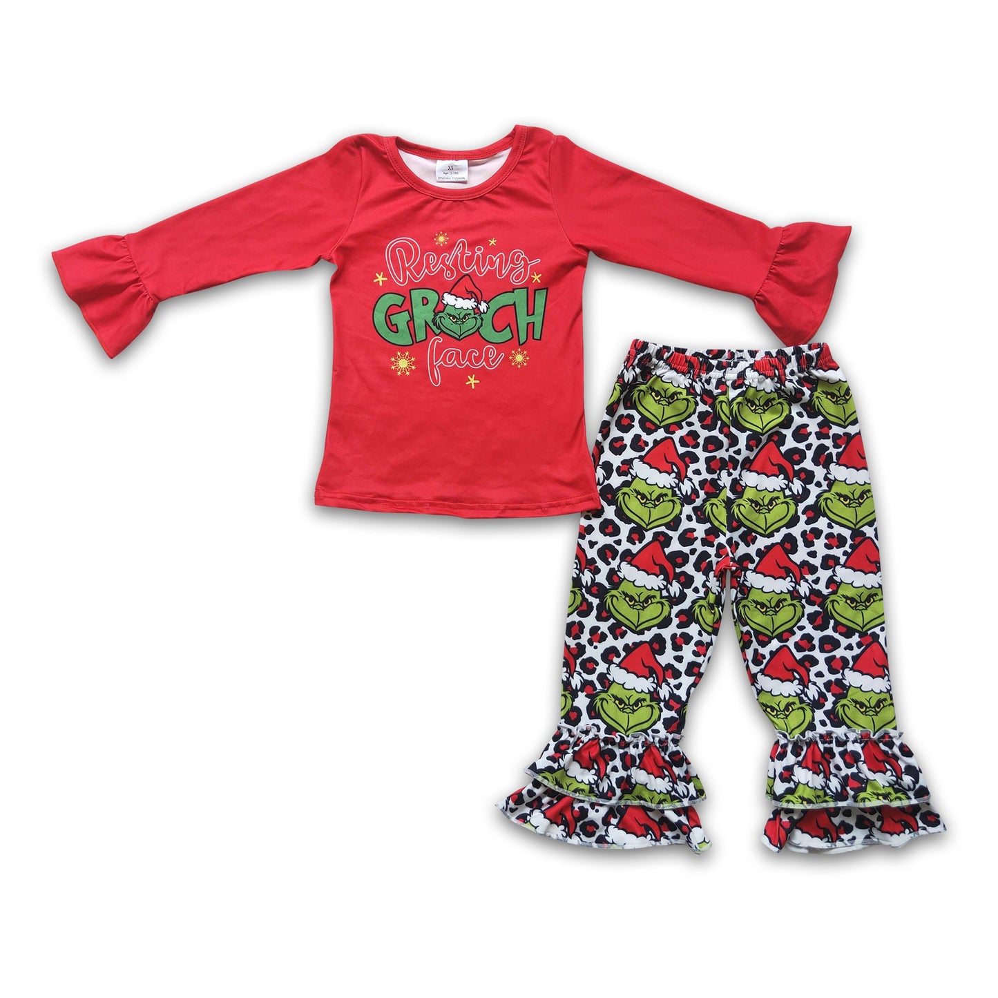 Red long sleeve shirt green face ruffle pants girls Christmas clothes