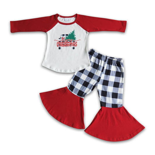 Merry christmas plaid truck pants girls Christmas set