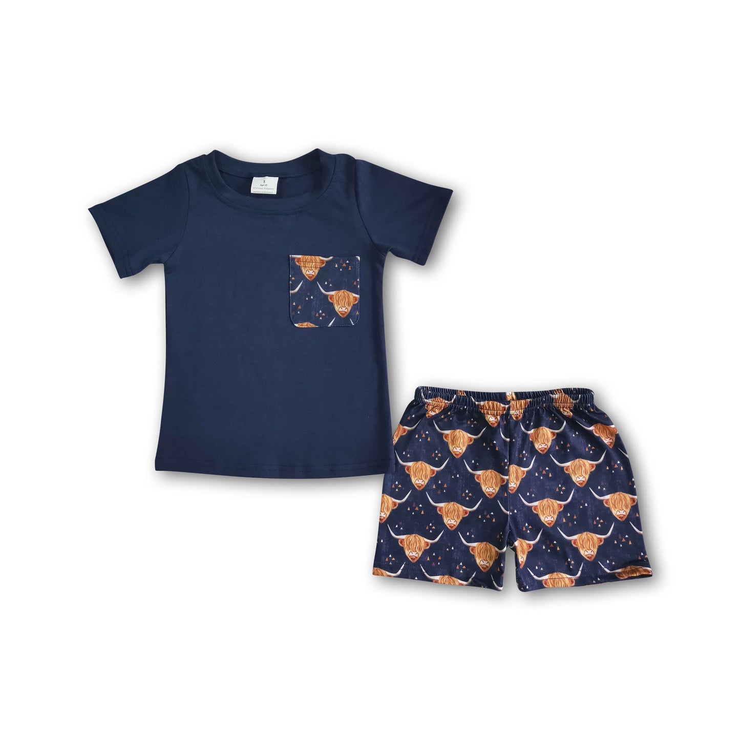 Navy cotton shirt highland cow shorts baby boy clothing