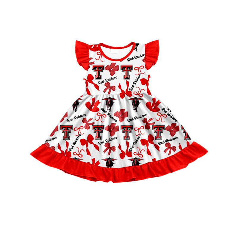 MOQ 3 pcs flutter sleeves red T bows girls team dress