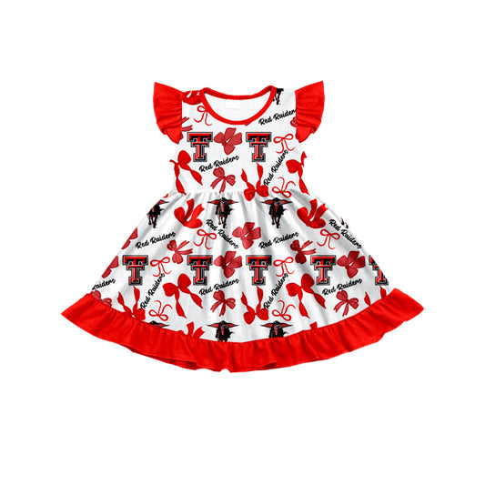 MOQ 3 pcs flutter sleeves red T bows girls team dress