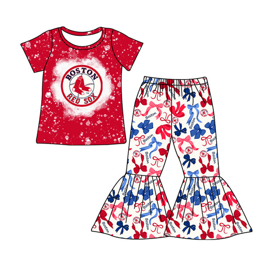 MOQ 3 pcs bleached red B top bow pants girls team clothes