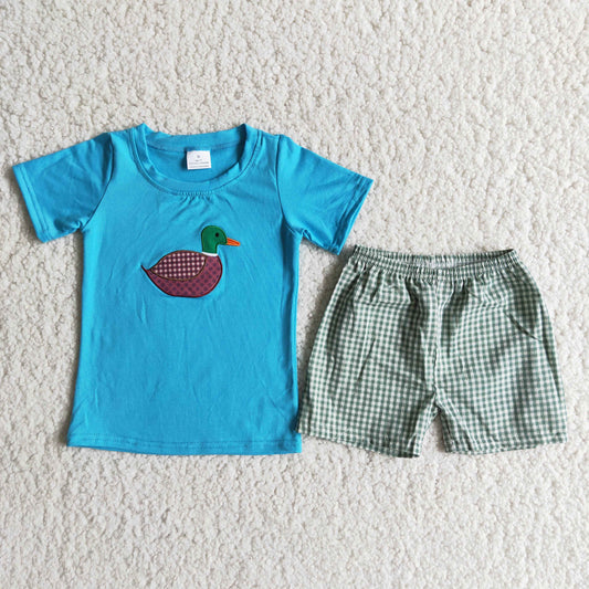 Boy Duck Embroidery Plaid Outfit