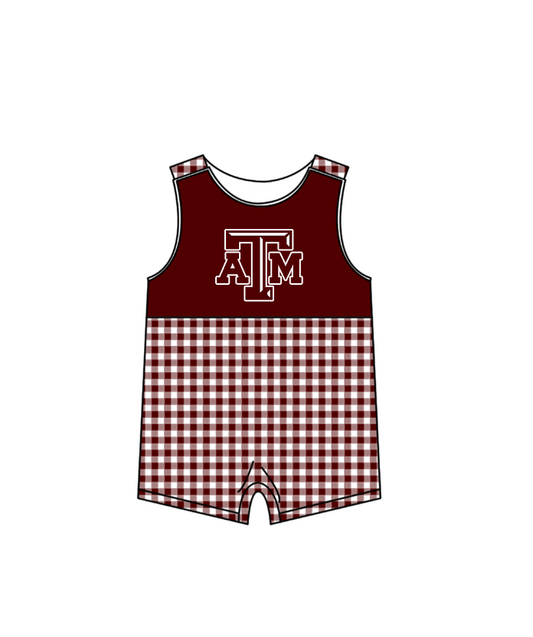 MOQ 5 pcs brown plaids sleeveless ATM baby boys team romper