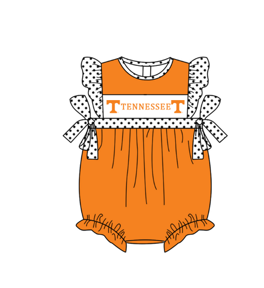 MOQ 5 pcs orange flying sleeves white polka dots bow T baby girls team romper