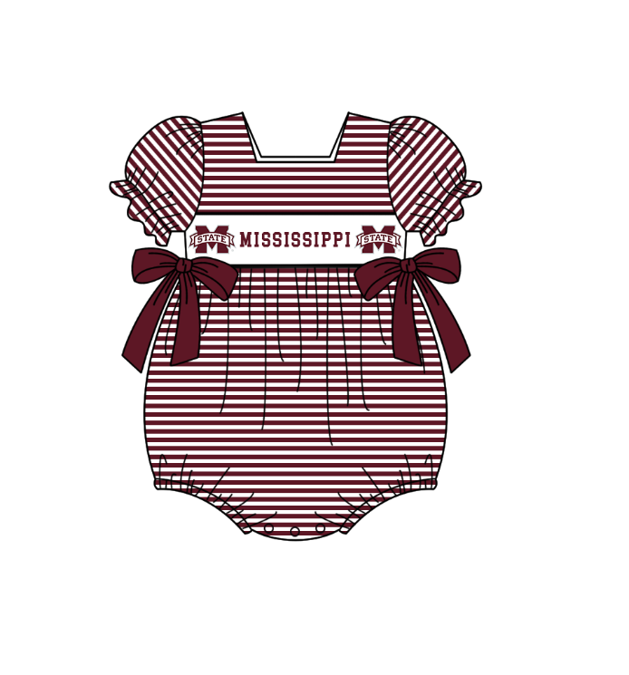 MOQ 5 pcs maroon stripe bow M short sleeves baby girls team romper