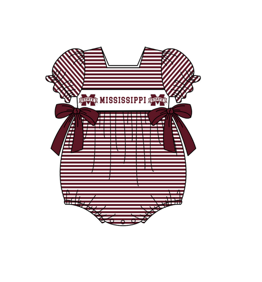 MOQ 5 pcs maroon stripe bow M short sleeves baby girls team romper