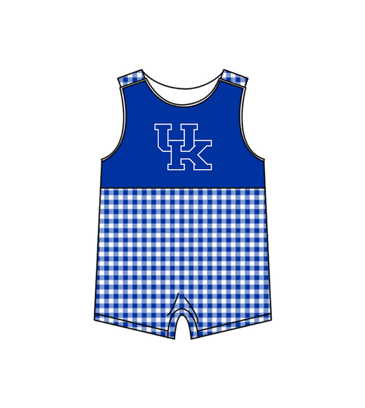MOQ 5 pcs blue plaids sleeveless UK baby boys team romper
