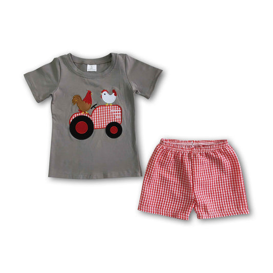 Boy Chicken Applique Plaid Outfit