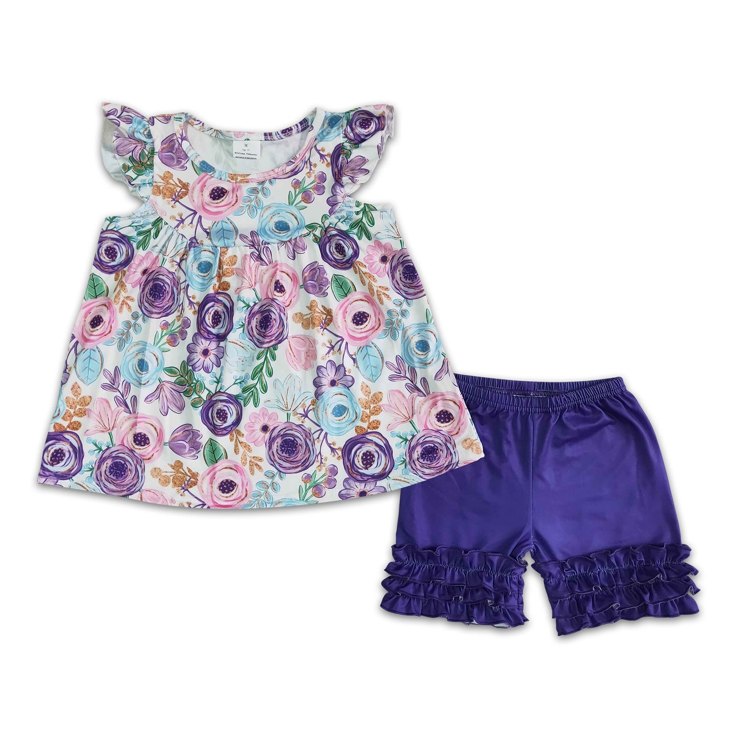 Flutter sleeve pearl shirt purple icing ruffle shorts girls summer clothes