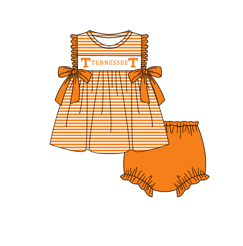MOQ 5 pcs orange stripe T tunic bummies baby girls team set