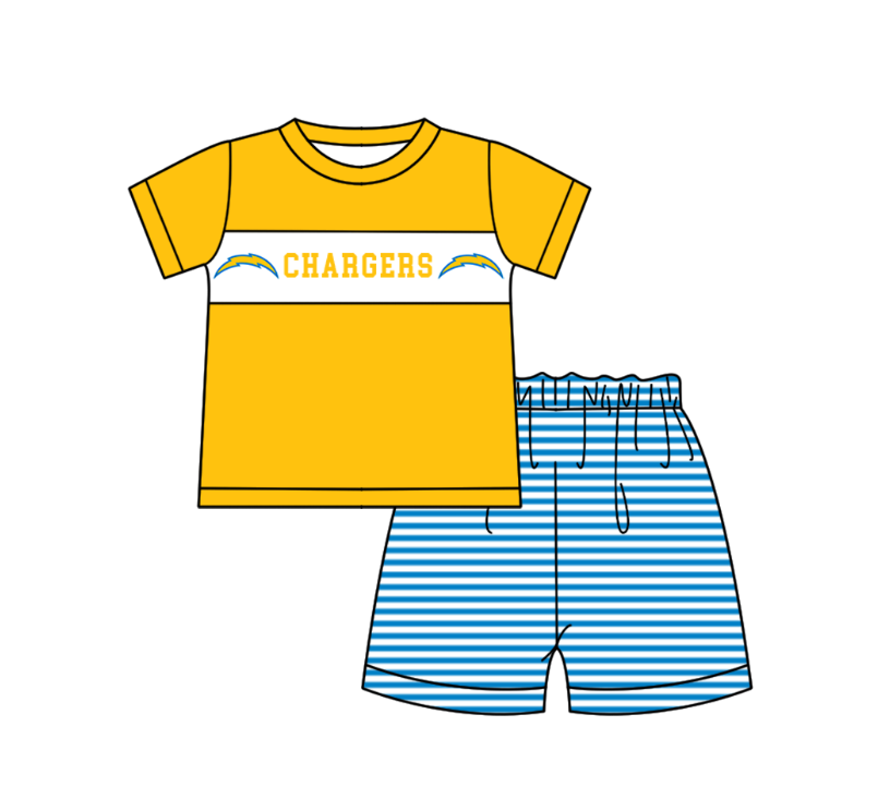 MOQ 5 pcs yellow short sleeves CHARGERS top blue stripe shorts boys team outfit