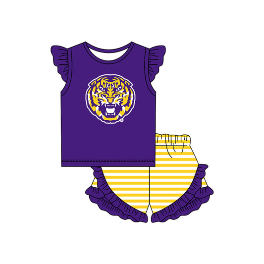 MOQ 5 pcs Flutter sleeves tiger top stripe shorts girls team outfits
