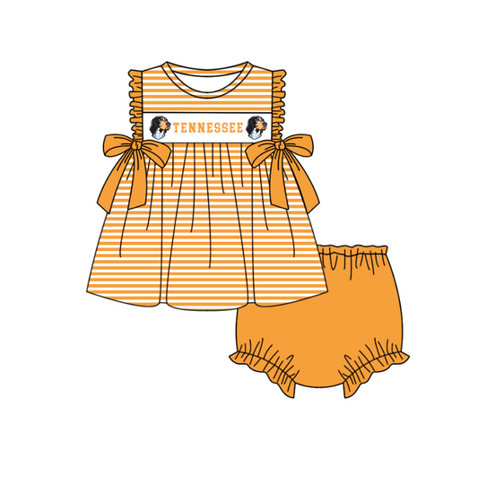 MOQ 5 pcs orange stripe bow T tunic bummies baby girls team set