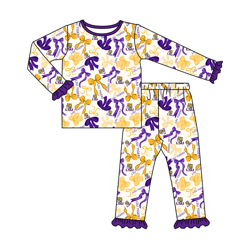 MOQ 3 Long sleeves tiger purple bow kids girls team pajamas