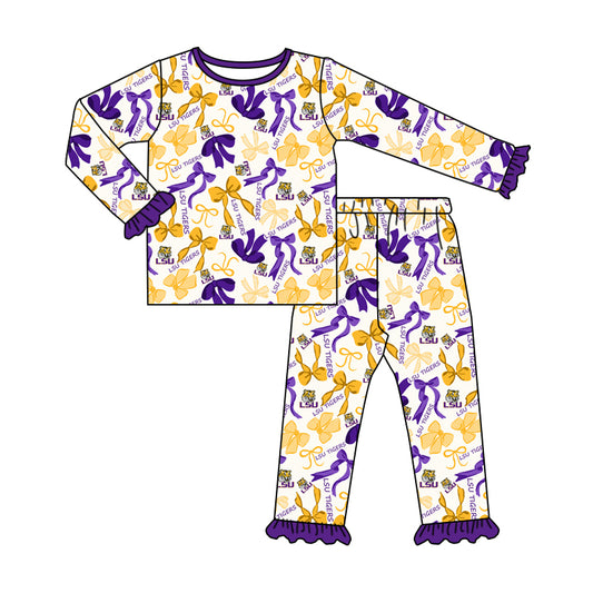 MOQ 3 Long sleeves tiger purple bow kids girls team pajamas