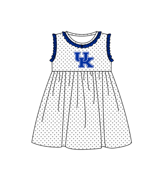 MOQ 5 pcs blue ruffle sleeveless white polka dots UK girls team dresses
