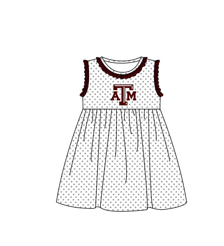 MOQ 5 pcs brown ruffle sleeveless white polka dots ATM girls team dresses