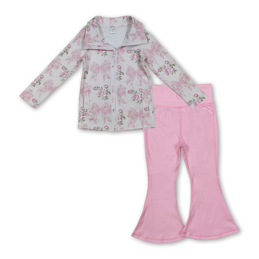 pink flowers bows zipper pullover match pink pant girls pocket fall yoga set